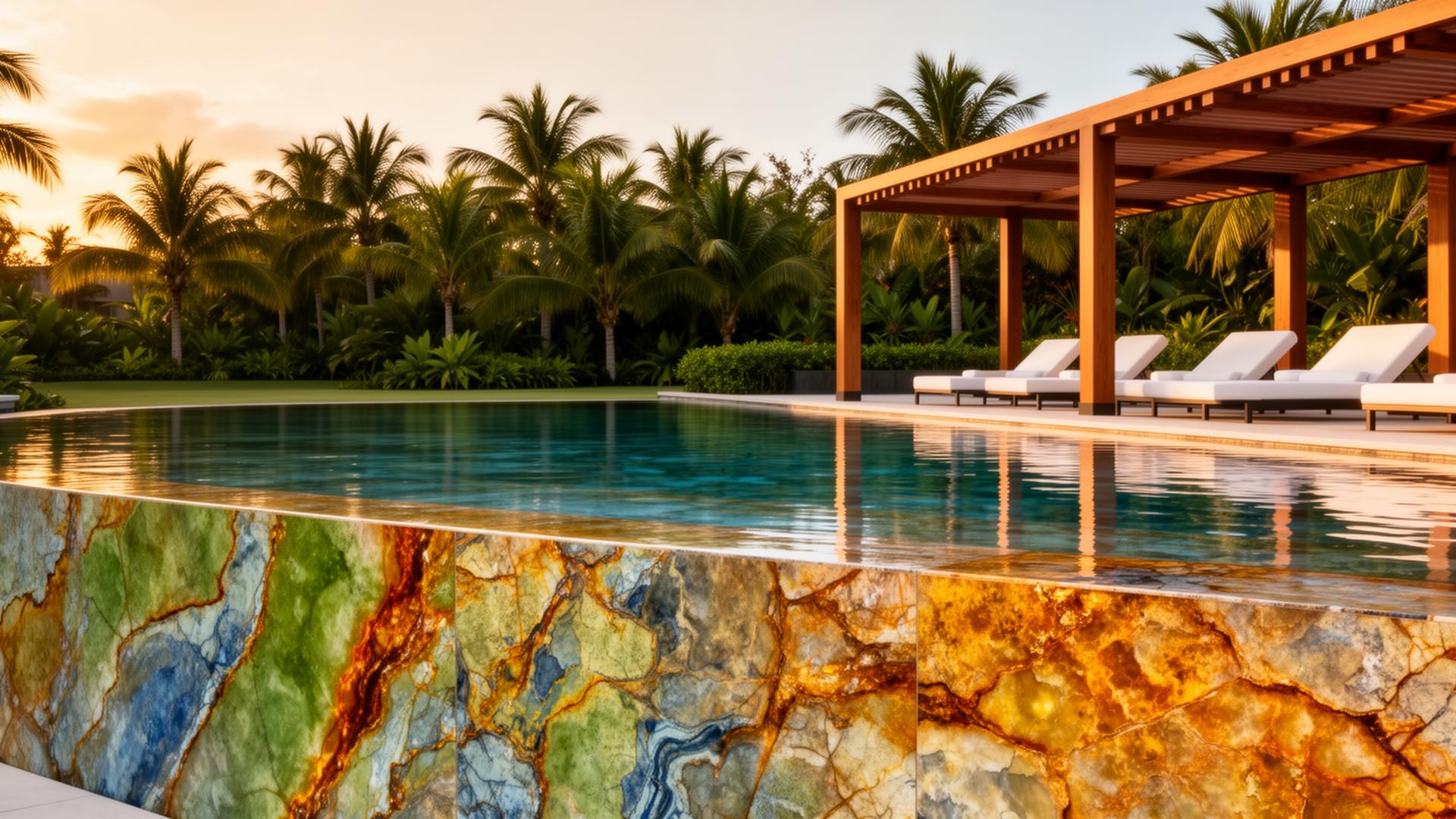 Piscina revestida com quartzito exótico Monte Negro