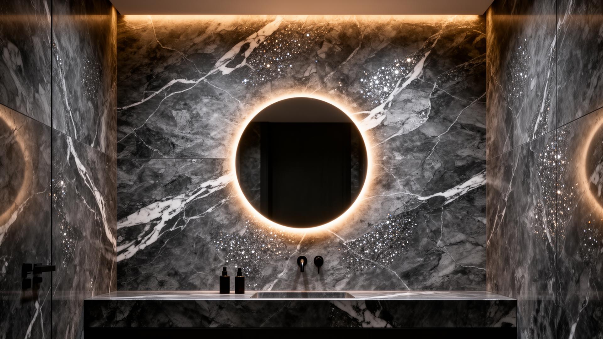 Ambiente sofisticado revestido com quartzito Royal Luise Blue